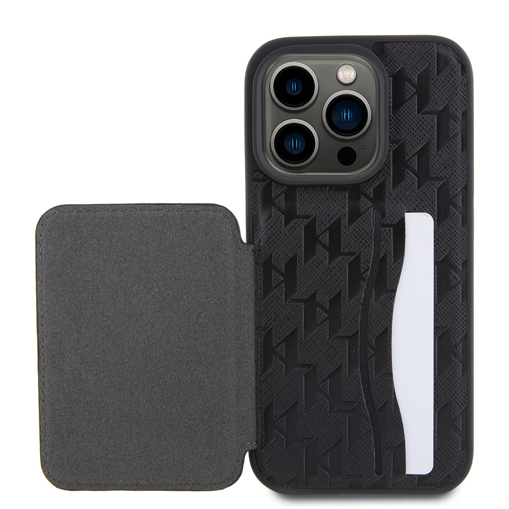 Fodral för Apple iPhone 15 Pro, Karl Lagerfeld, Saffiano Cardslots and Stand Monogram Ikonik Karl, Svart