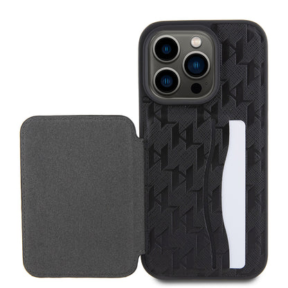 Fodral för Apple iPhone 15 Pro, Karl Lagerfeld, Saffiano Cardslots and Stand Monogram Ikonik Karl, Svart