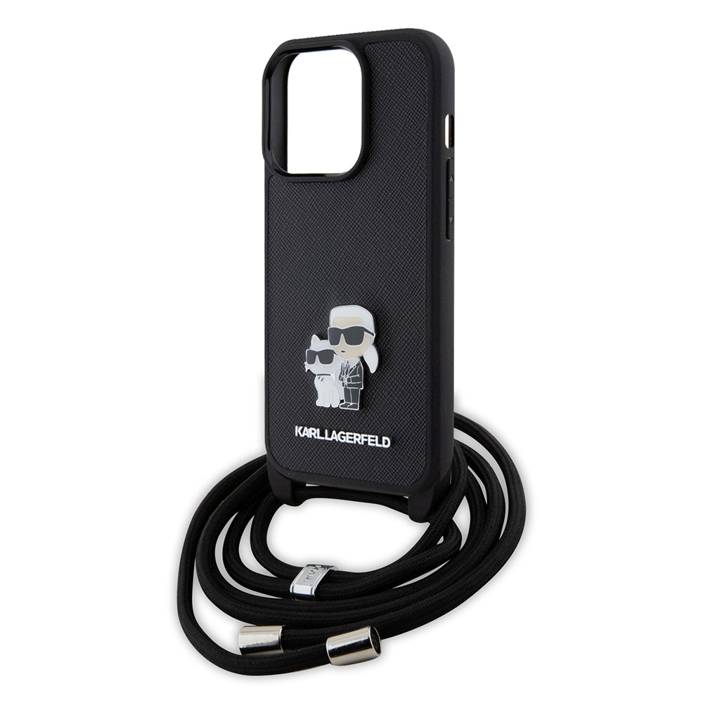 Fodral för Apple iPhone 15 Pro, Karl Lagerfeld, Saffiano Crossbody Metal Pin Karl & Choupette, Svart