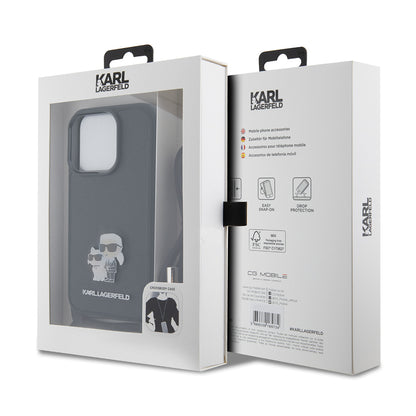 Fodral för Apple iPhone 15 Pro, Karl Lagerfeld, Saffiano Crossbody Metal Pin Karl & Choupette, Svart