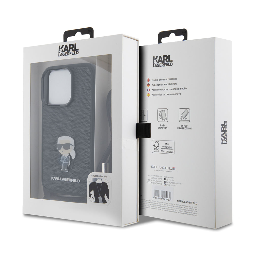 Fodral för Apple iPhone 15 Pro, Karl Lagerfeld, Saffiano Crossbody Monogram Metal Pin Karl, Svart