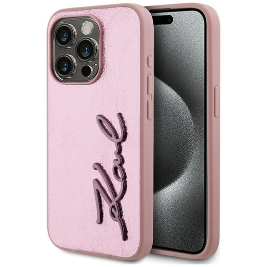 Skyddsfodral för Apple iPhone 15 Pro, Karl Lagerfeld, Metal Signature, Rosa