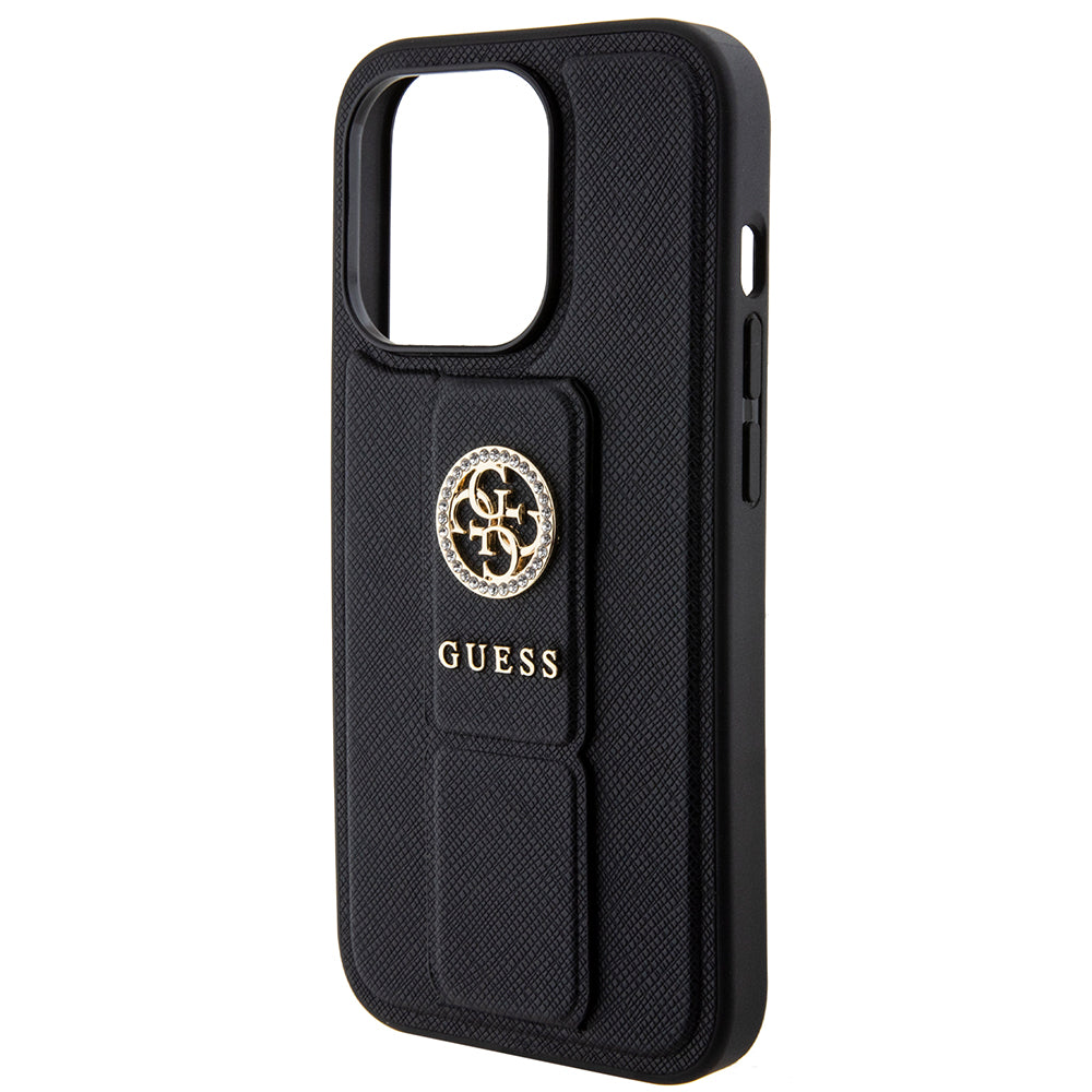 Fodral för Apple iPhone 15 Pro Max, Guess, Grip Stand 4G Saffiano Strass, Svart