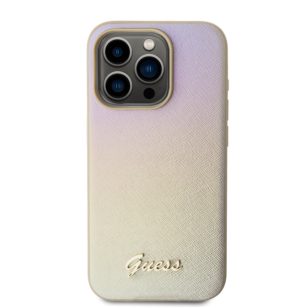 Fodral för Apple iPhone 15 Pro Max, Guess, Saffiano Iridescent Script, Guld