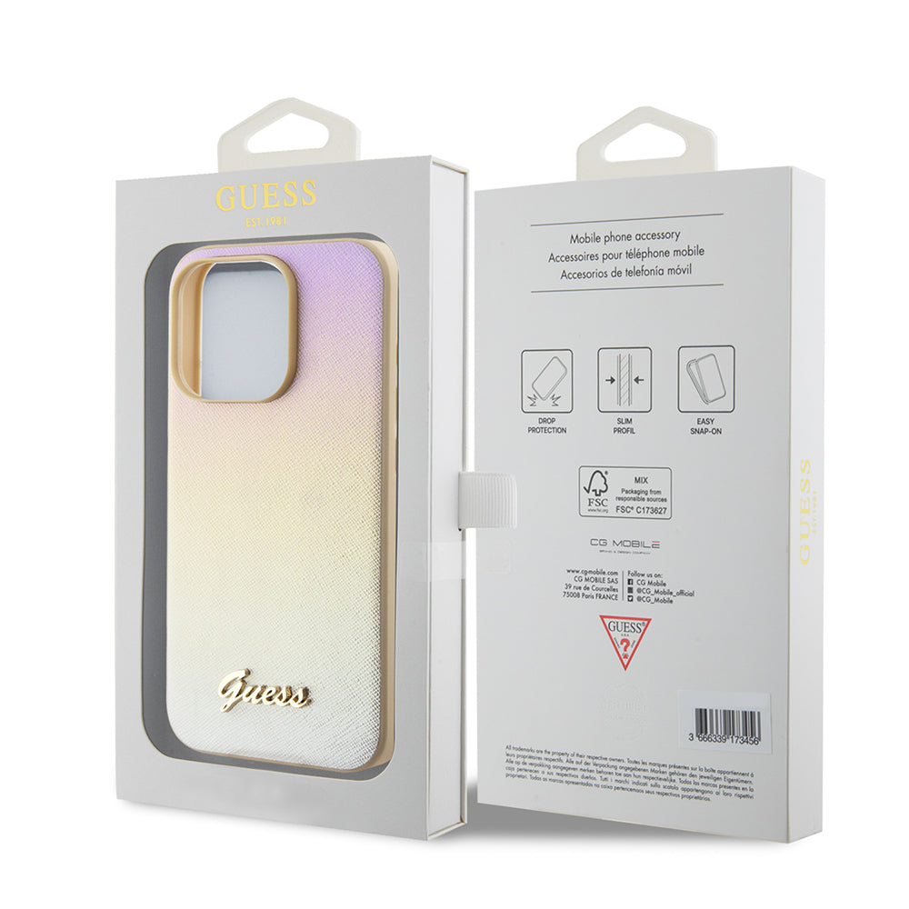 Fodral för Apple iPhone 15 Pro Max, Guess, Saffiano Iridescent Script, Guld