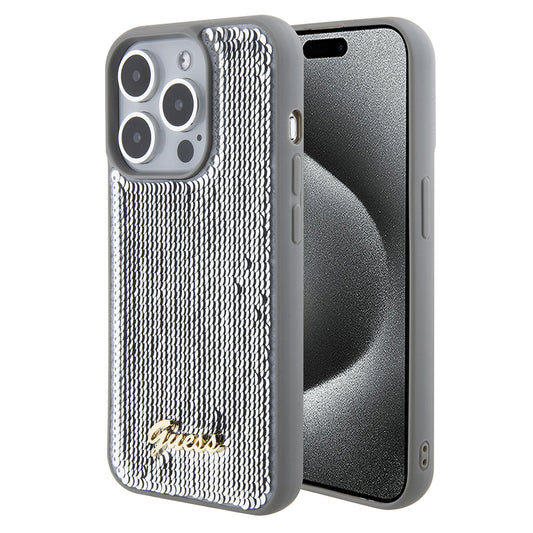 Skyddsfodral för Apple iPhone 15 Pro Max, Guess, Sequin Script Metal, Silver