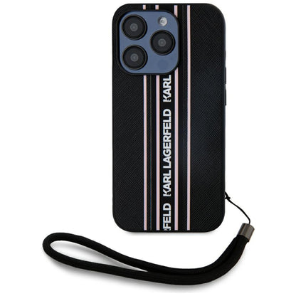 Fodral för Apple iPhone 15 Pro Max, Karl Lagerfeld, Saffiano Athleisure Stripes with Strap, Rosa