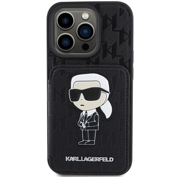 Fodral för Apple iPhone 15 Pro Max, Karl Lagerfeld, Saffiano Cardslots and Stand Monogram Ikonik Karl, Svart