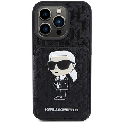 Fodral för Apple iPhone 15 Pro Max, Karl Lagerfeld, Saffiano Cardslots and Stand Monogram Ikonik Karl, Svart