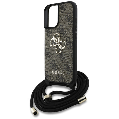 Case for Apple iPhone 16, Guess, 4G CBDY Big Logo with Cord Strap, Brown