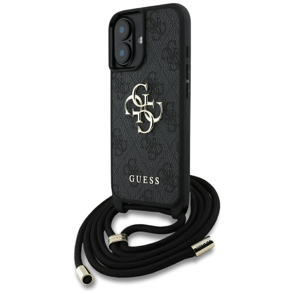 Fodral för Apple iPhone 16, Guess, 4G CBDY Big Logo with Cord Strap, Svart
