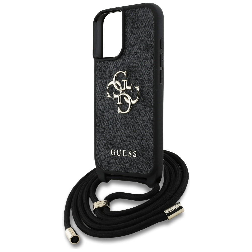 Fodral för Apple iPhone 16, Guess, 4G CBDY Big Logo with Cord Strap, Svart