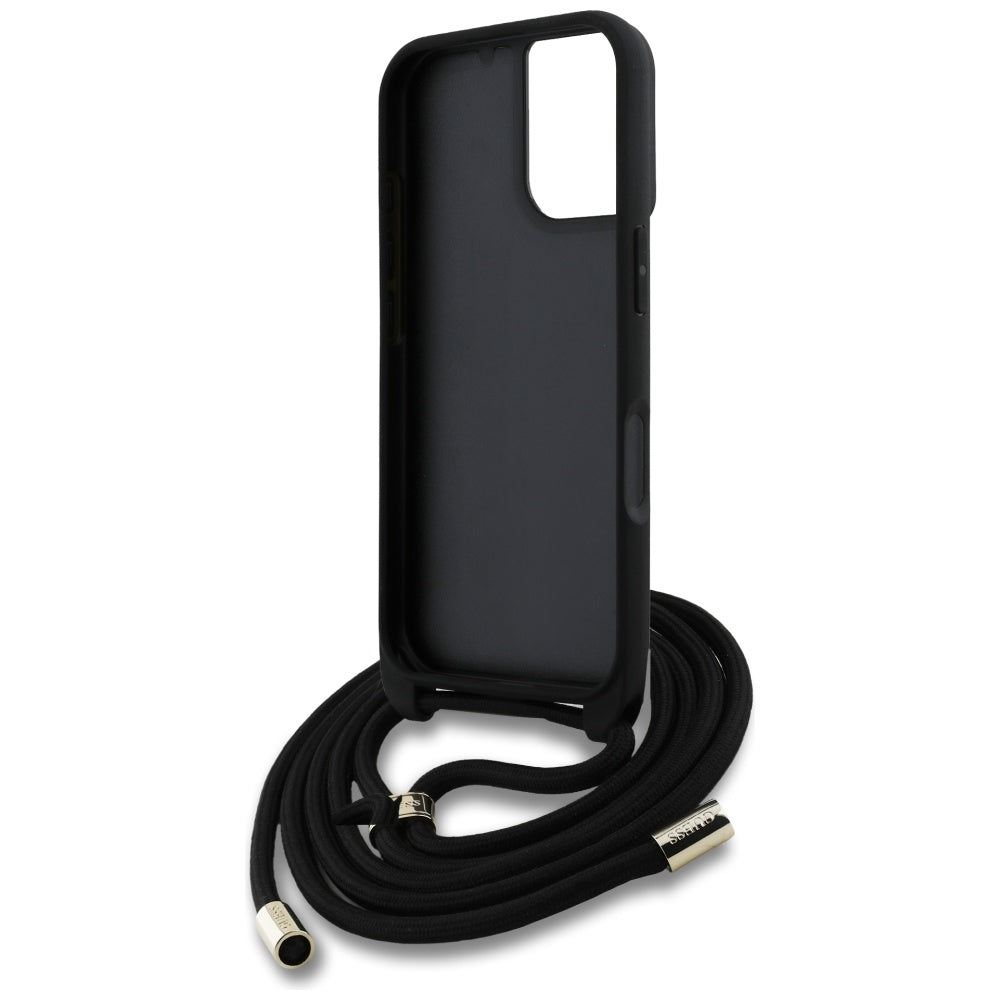 Fodral för Apple iPhone 16, Guess, 4G CBDY Big Logo with Cord Strap, Svart
