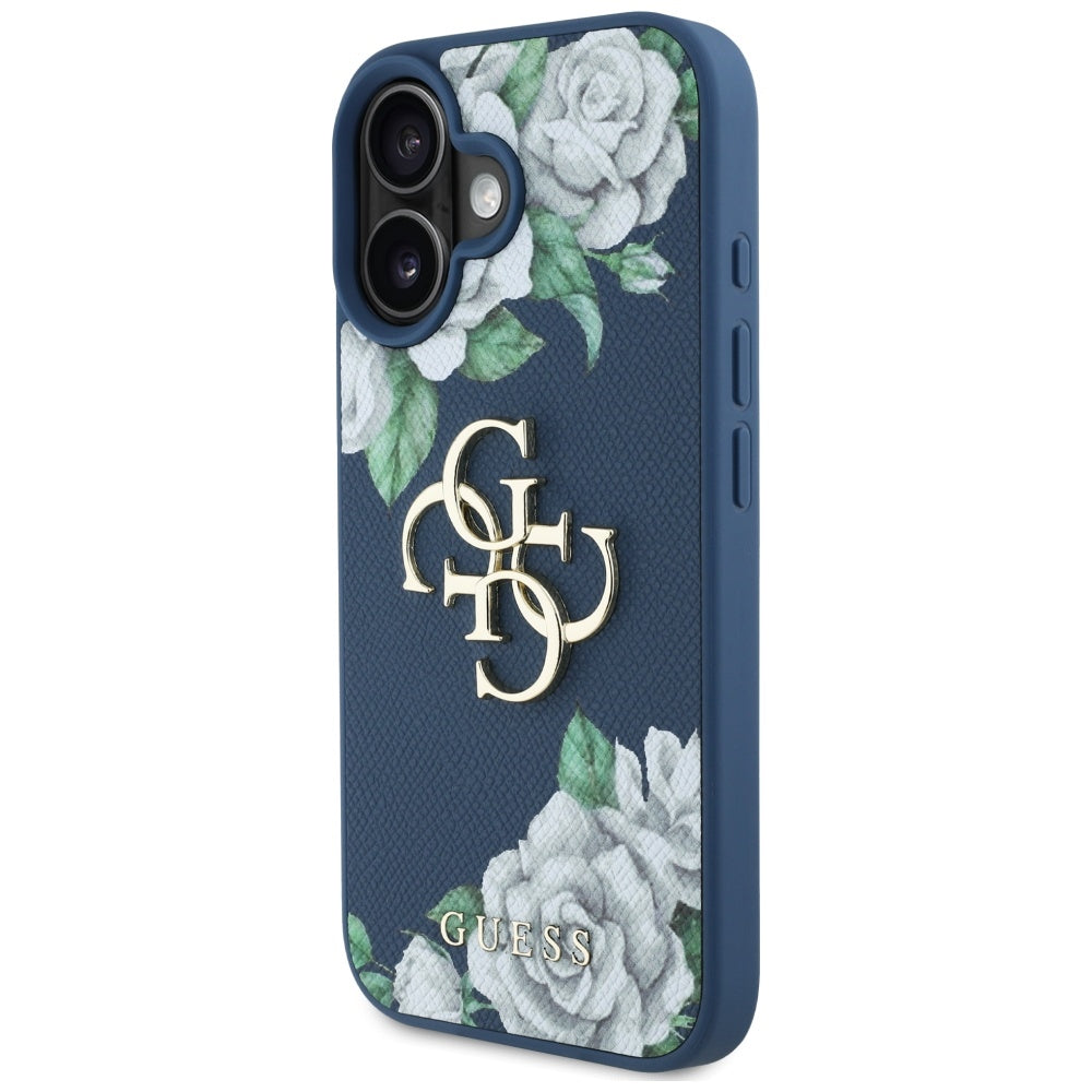 Skyddsfodral för Apple iPhone 16, Guess, 4G Grained Roses Big Logo, Blå