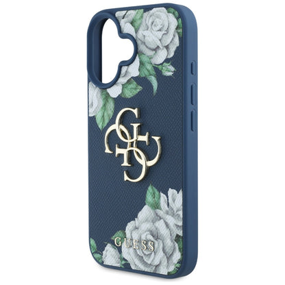 Skyddsfodral för Apple iPhone 16, Guess, 4G Grained Roses Big Logo, Blå