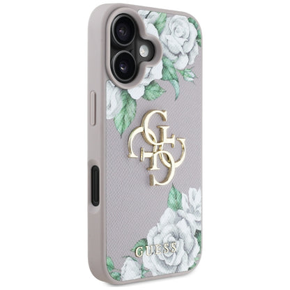 Fodral för Apple iPhone 16, Guess, 4G Grained Roses Big Logo, Lila