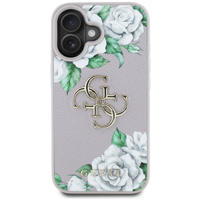 Fodral för Apple iPhone 16, Guess, 4G Grained Roses Big Logo, Lila