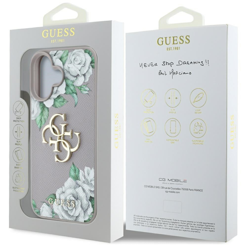 Fodral för Apple iPhone 16, Guess, 4G Grained Roses Big Logo, Lila