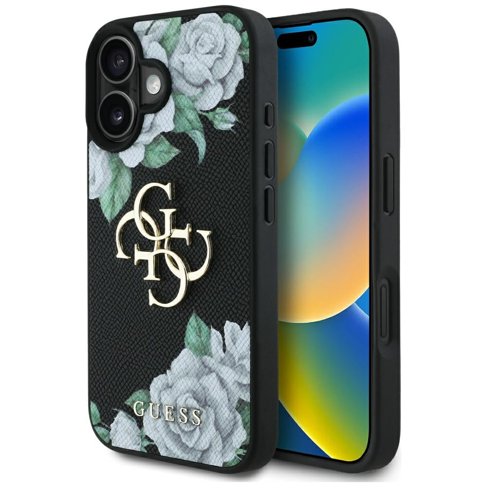 Skyddsfodral för Apple iPhone 16, Guess, 4G Grained Roses Big Logo, Svart