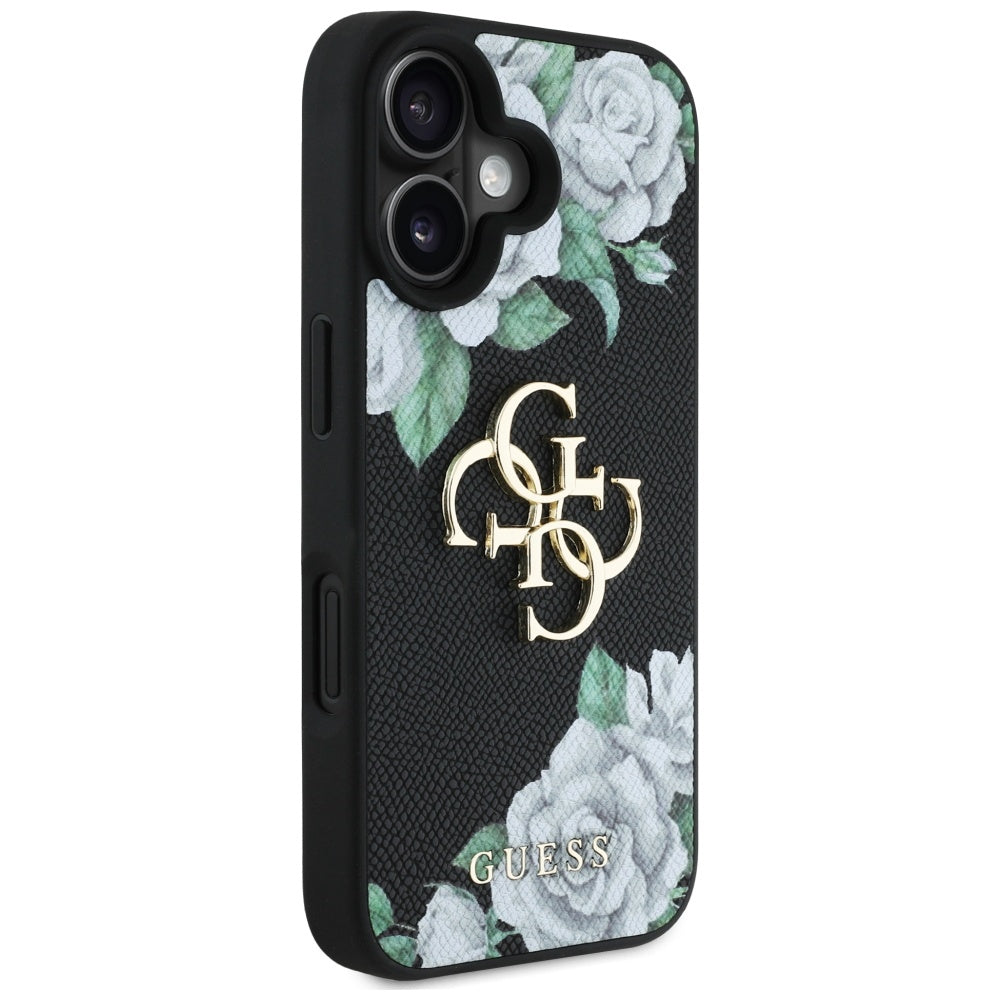 Skyddsfodral för Apple iPhone 16, Guess, 4G Grained Roses Big Logo, Svart