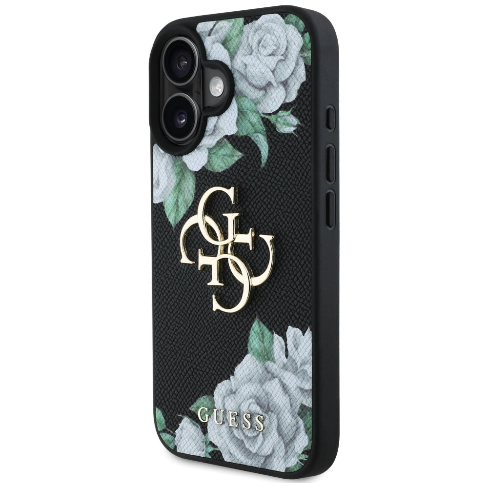 Skyddsfodral för Apple iPhone 16, Guess, 4G Grained Roses Big Logo, Svart