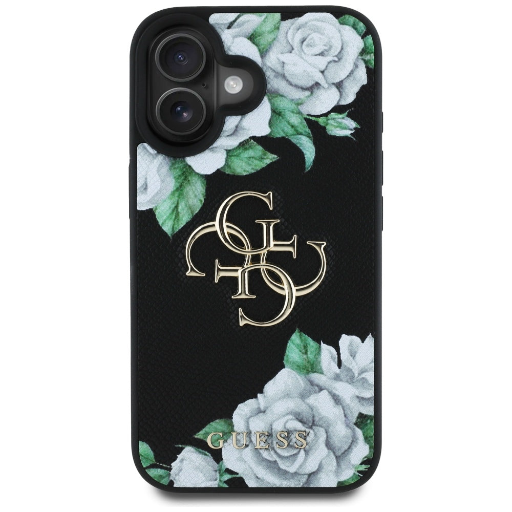 Skyddsfodral för Apple iPhone 16, Guess, 4G Grained Roses Big Logo, Svart