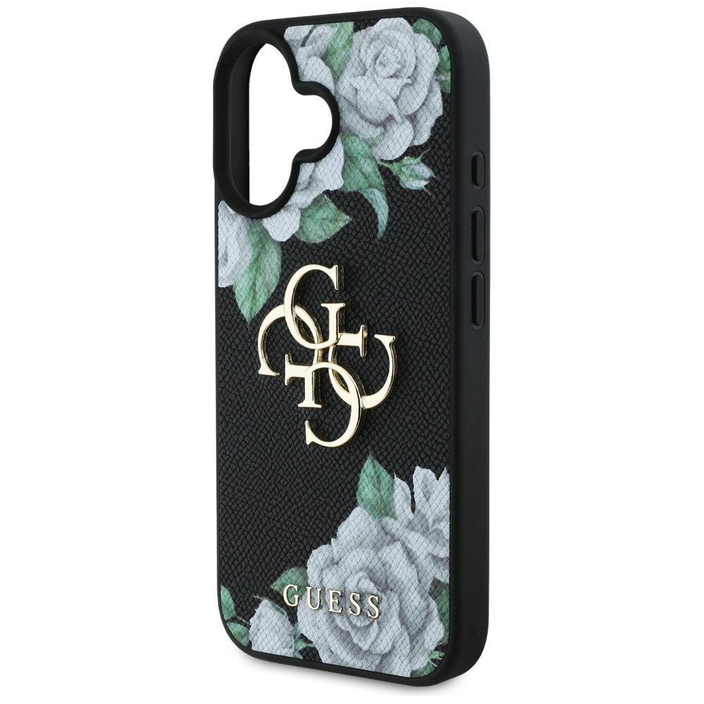 Skyddsfodral för Apple iPhone 16, Guess, 4G Grained Roses Big Logo, Svart