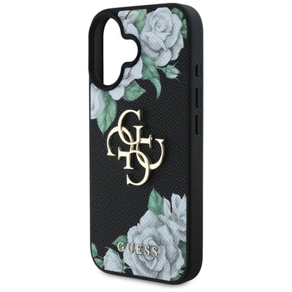 Skyddsfodral för Apple iPhone 16, Guess, 4G Grained Roses Big Logo, Svart