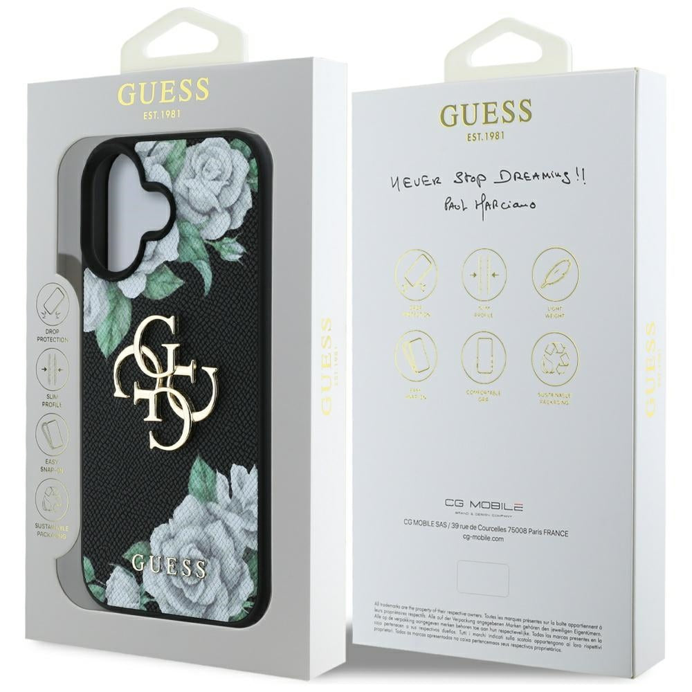 Skyddsfodral för Apple iPhone 16, Guess, 4G Grained Roses Big Logo, Svart