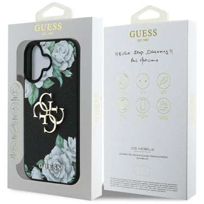 Skyddsfodral för Apple iPhone 16, Guess, 4G Grained Roses Big Logo, Svart