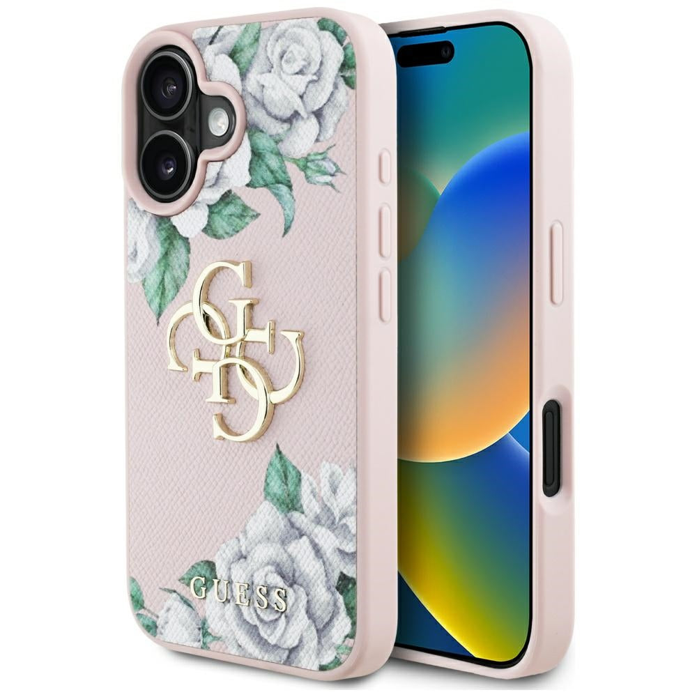 Skyddsfodral för Apple iPhone 16, Guess, 4G Grained Roses Big Logo, Rosa