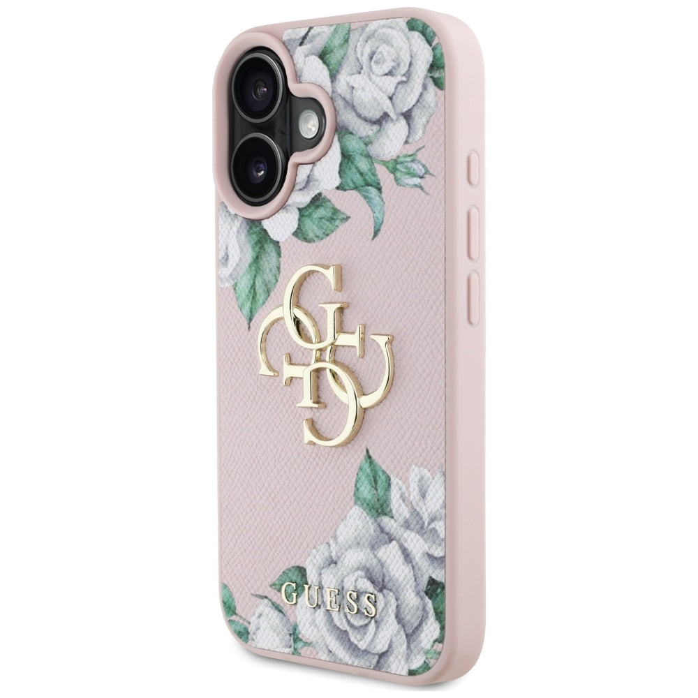 Skyddsfodral för Apple iPhone 16, Guess, 4G Grained Roses Big Logo, Rosa