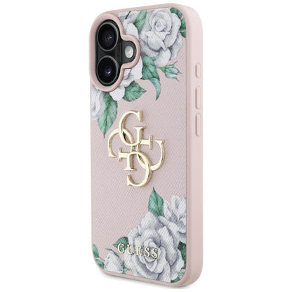 Skyddsfodral för Apple iPhone 16, Guess, 4G Grained Roses Big Logo, Rosa