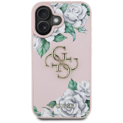Skyddsfodral för Apple iPhone 16, Guess, 4G Grained Roses Big Logo, Rosa