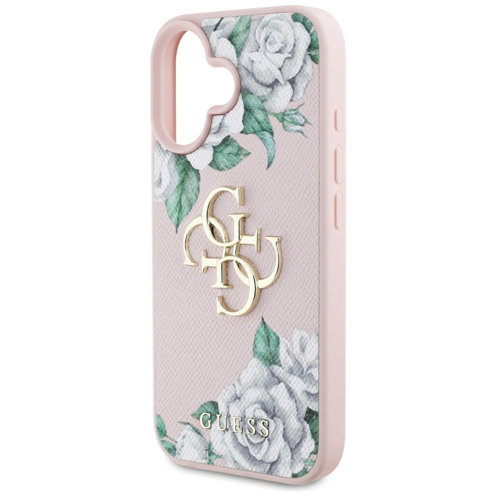Skyddsfodral för Apple iPhone 16, Guess, 4G Grained Roses Big Logo, Rosa