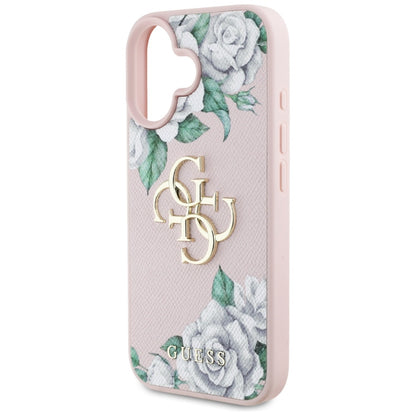 Skyddsfodral för Apple iPhone 16, Guess, 4G Grained Roses Big Logo, Rosa