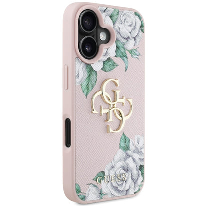 Skyddsfodral för Apple iPhone 16, Guess, 4G Grained Roses Big Logo, Rosa