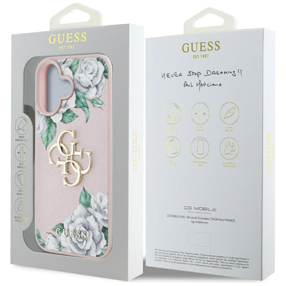 Skyddsfodral för Apple iPhone 16, Guess, 4G Grained Roses Big Logo, Rosa