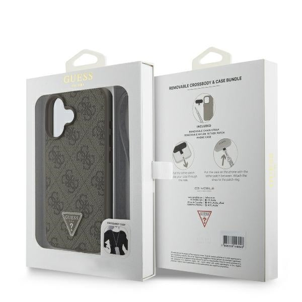 Fodral för Apple iPhone 16, Guess, Crossbody 4G Triangle Strass, Brun