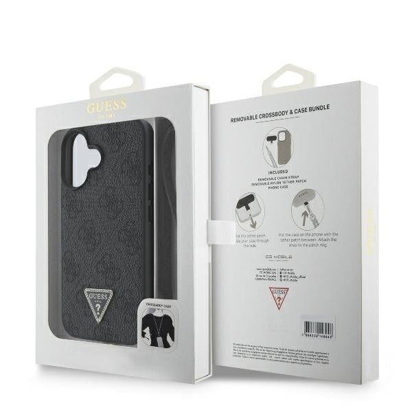 Fodral för Apple iPhone 16, Guess, Crossbody 4G Triangle Strass, Svart