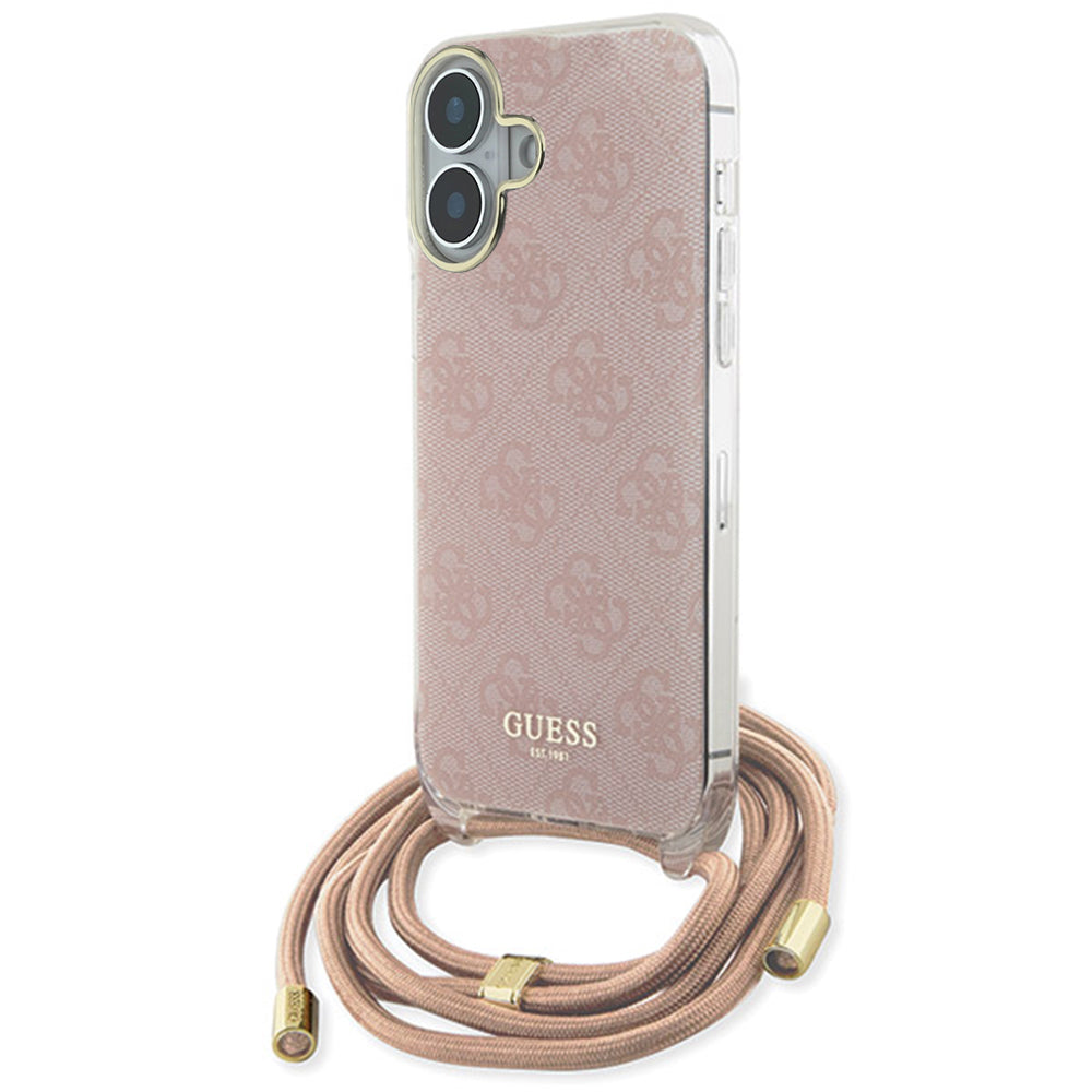 Skyddsfodral för Apple iPhone 16, Guess, Crossbody Cord 4G Print, Rosa
