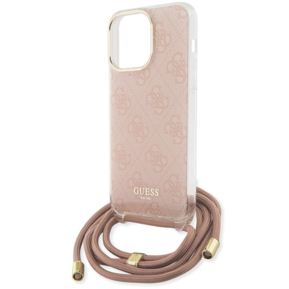Skyddsfodral för Apple iPhone 16, Guess, Crossbody Cord 4G Print, Rosa