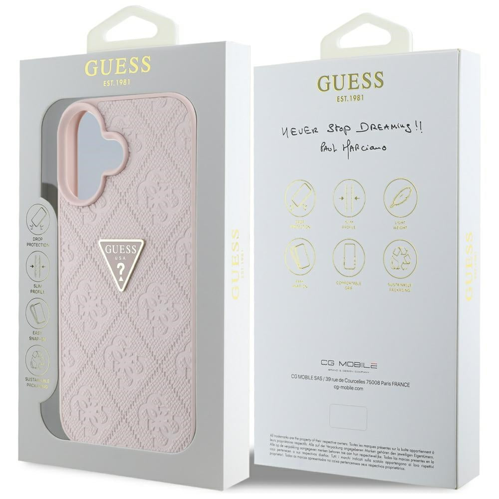 Fodral för Apple iPhone 16, Guess, Hot Stamp 4G Pattern Triangle Logo, Rosa