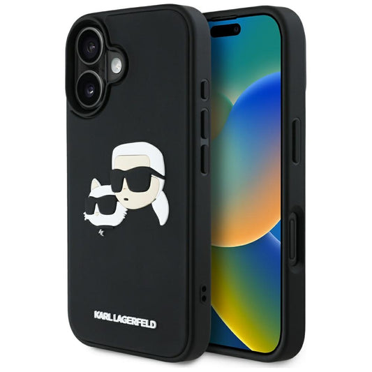 Skyddsfodral för Apple iPhone 16, Karl Lagerfeld, 3D Rubber Karl & Choupette, Svart