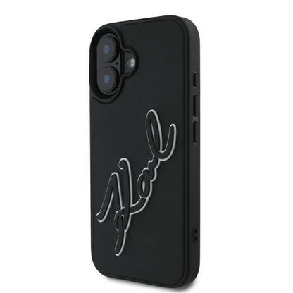 Skyddsfodral för Apple iPhone 16, Karl Lagerfeld, 3D Rubber Signature, Svart