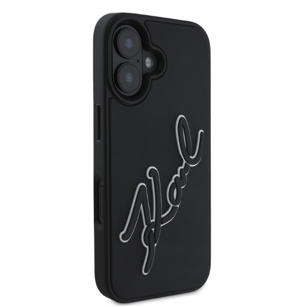 Skyddsfodral för Apple iPhone 16, Karl Lagerfeld, 3D Rubber Signature, Svart