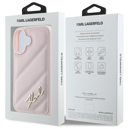 Fodral för Apple iPhone 16, Karl Lagerfeld, Diagonal Quilted Script, Rosa