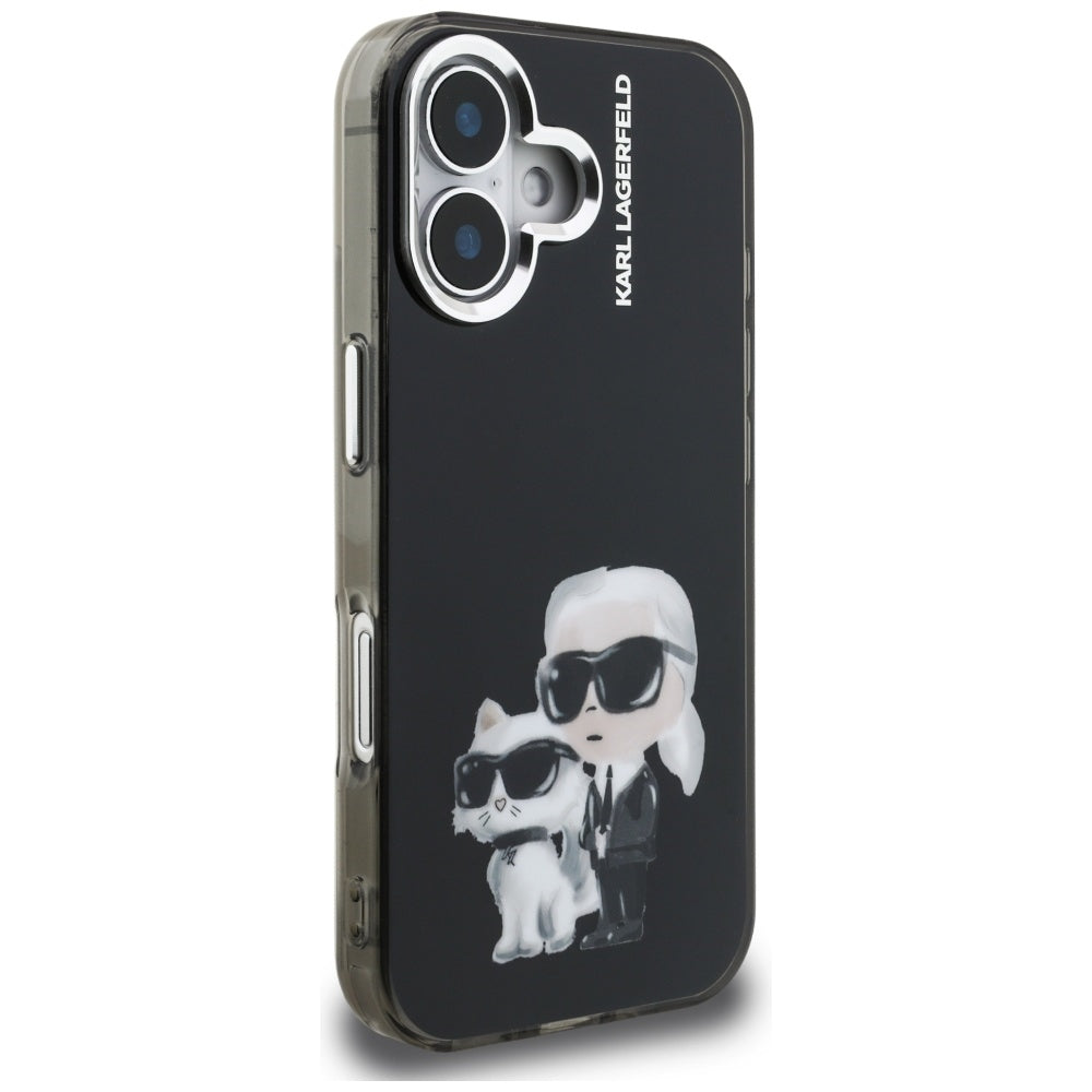 Skyddsfodral för Apple iPhone 16, Karl Lagerfeld, IML Aquarelle Logo Karl & Choupette, Svart