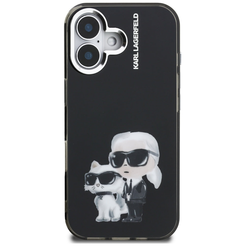 Skyddsfodral för Apple iPhone 16, Karl Lagerfeld, IML Aquarelle Logo Karl & Choupette, Svart