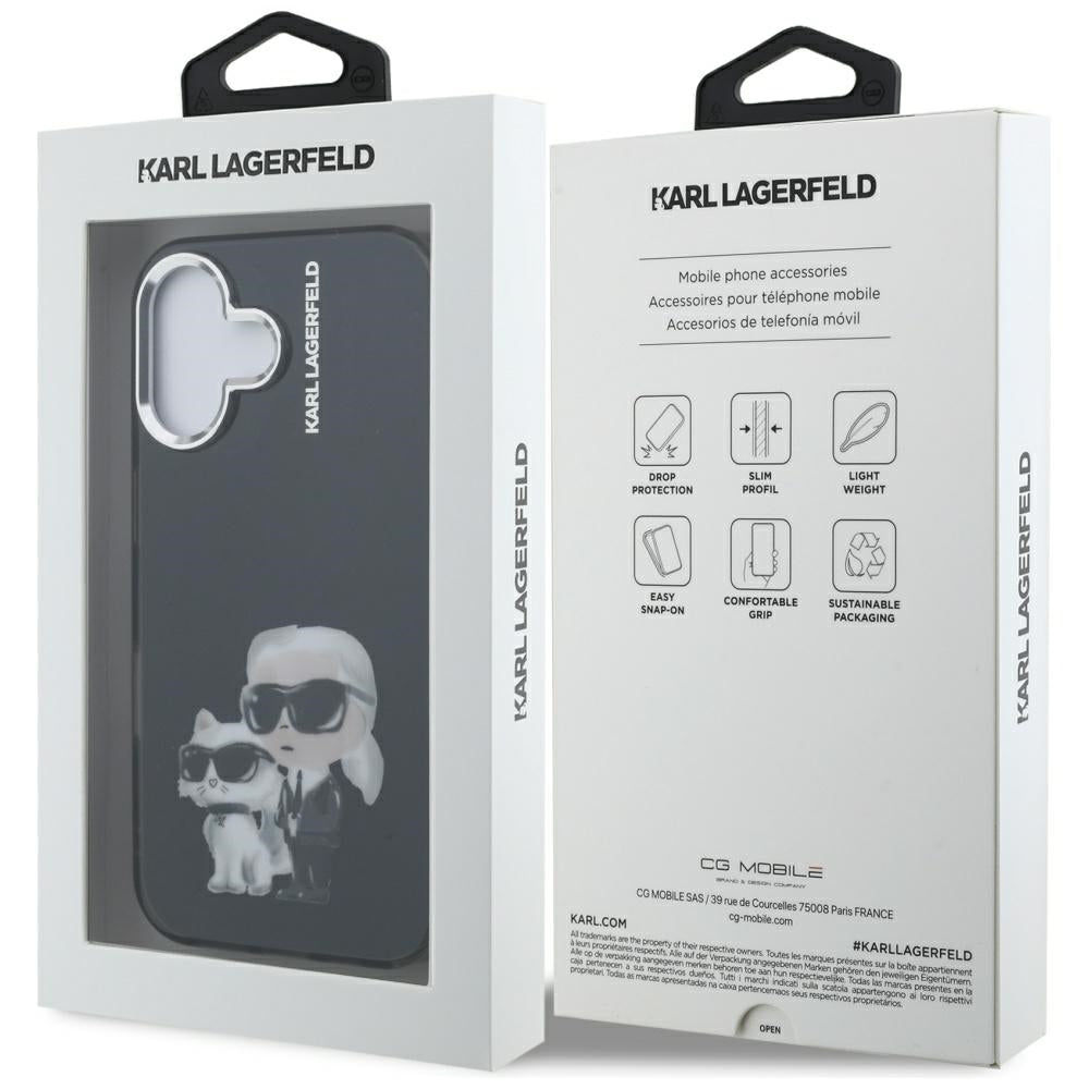 Skyddsfodral för Apple iPhone 16, Karl Lagerfeld, IML Aquarelle Logo Karl & Choupette, Svart
